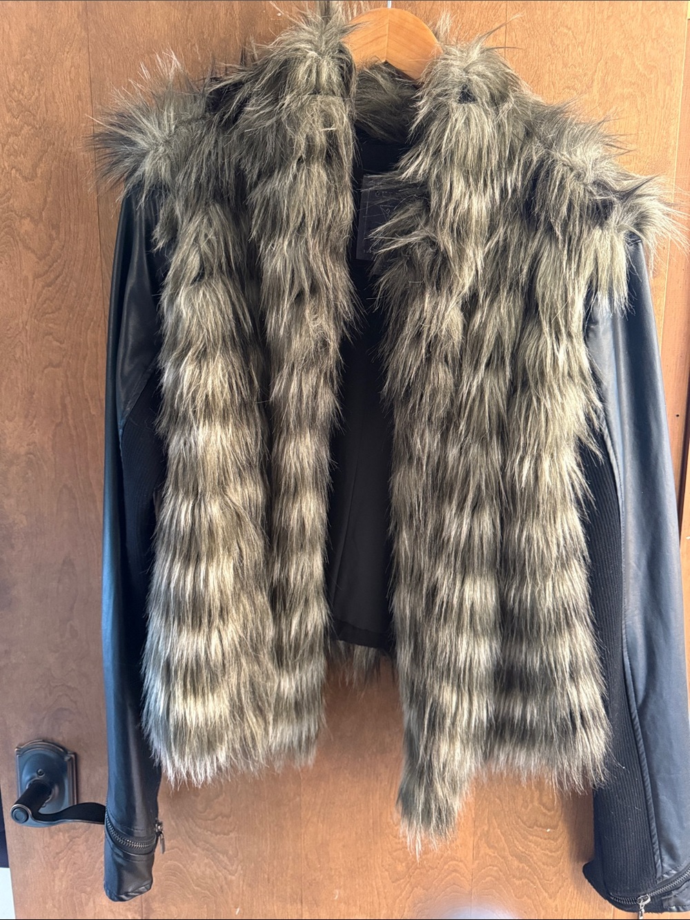 Faux Fur Trim Black faux leather Jacket with removable sleeves